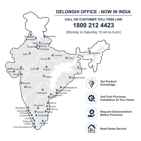 Delonghi office locations in India map, displaying major cities for customer service and support details.