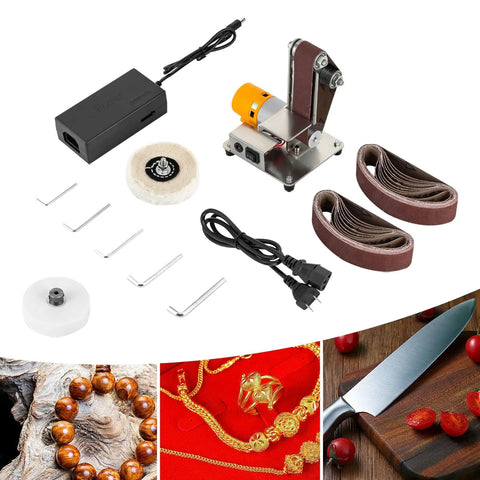 Slick 3 In 1 Mini Belt Sander And Electric Grinder With 7 Speed Adjustable Benchtop Station components, including motor, wheels, and belts.