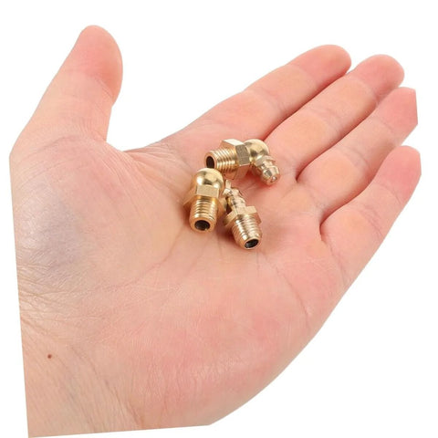 Copper Oil Nozzle Kit With 9 Pieces Straight And Angled Grease Fittings for Cars and Excavators shown in hand for size reference
