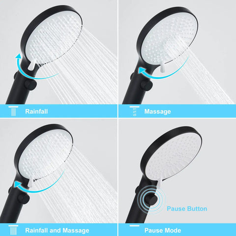 Close-up of hand shower modes from Black Roman Tub Faucet Set With Hand Shower 3 Hole Deck Mount Bath Fixture Spout Diverter Pull Out Sprayer CUPC Certified Lead Free Materials Modern Black Finish.