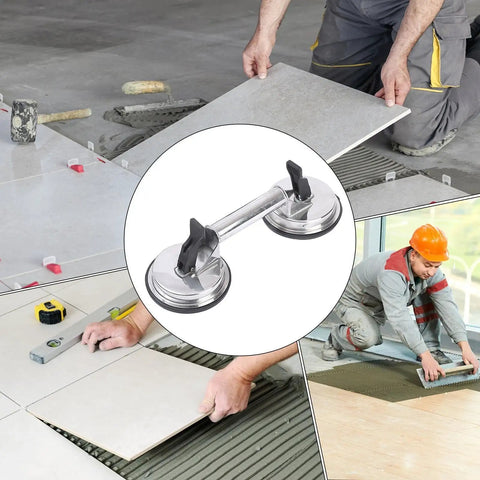 Heavy Duty Glass Suction Cup With Stainless Steel Handle For Lifting Heavy Tiles, shown lifting a tile securely during installation.