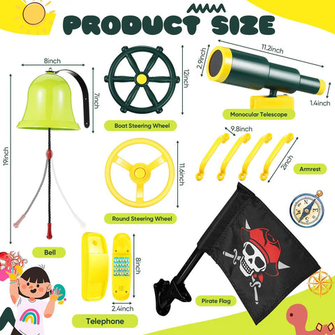 Nautical Themed Backyard Playground Accessories Set With Ship Wheels Telescope Telephone Bell Pirate Flag Safety Handles