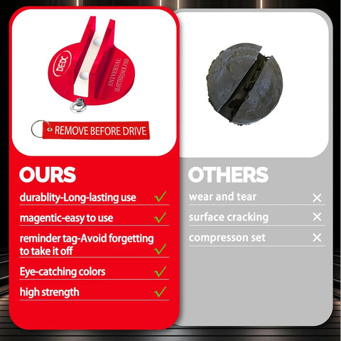 Comparison chart of Universal Pinch Weld Jack Pad Set with reminder tag and competitor's jack pad highlighting durability and features.
