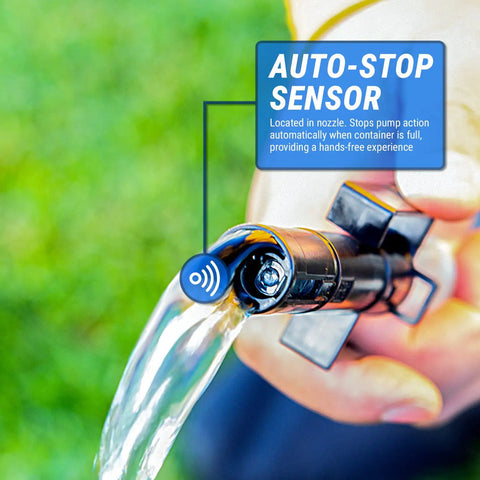 Close-up of auto-stop sensor on Heavy Duty Battery Powered Gas Transfer Pump With Smart Auto Shut Off No Drip Siphon Hose.