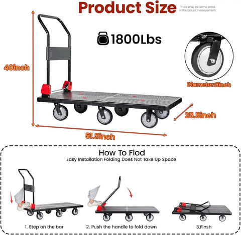 Heavy Duty Folding Platform Cart With Silent TPR Wheels, Straight Up Heavy Dolly For Moving And Garage Hauling, Hella Smooth Handcart Built For Daily Warehouse Grinds, 1800 lbs capacity.