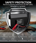 Beefy 4000A Jump Starter With Air Compressor for Cars and Trucks displayed with safety features icons on rugged background.