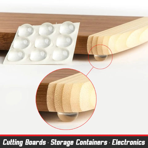 Transparent Adhesive Bumper Pads All In One 106 Piece Set with round cushions applied to cutting board corner.