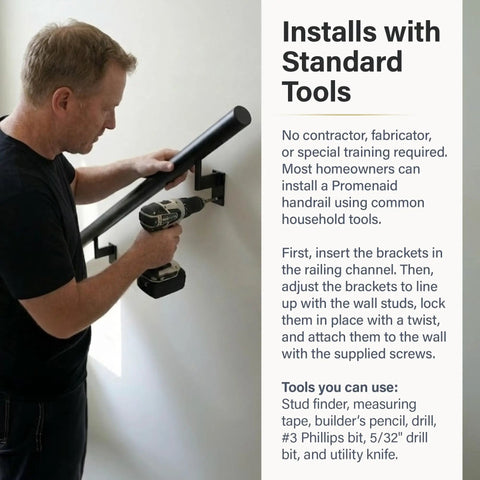 Person installing Top Tier Eight Foot Satin Black Aluminum Handrail Kit For Indoor Outdoor Stairs with a drill and bracket.