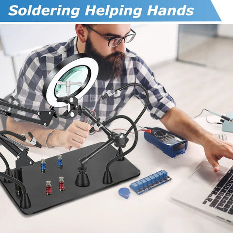 All In One Soldering Station Kit With 10X LED Magnifier Lamp and PCB Holder in use on a workbench