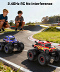 Kids playing with Amphibious Remote Control Beast Truck Toy For Kids 6 Plus Waterproof Off Road 4X4 RC Pickup All Terrain 2 4GHz One Eighteen Scale Truck Great Boys Gift Blue on a track.