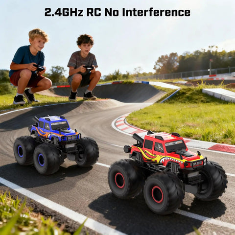 Kids playing with Amphibious Remote Control Beast Truck Toy For Kids 6 Plus Waterproof Off Road 4X4 RC Pickup All Terrain 2 4GHz One Eighteen Scale Truck Great Boys Gift Blue on a track.