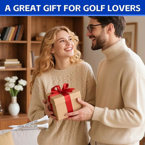 Couple exchanging gift with Custom Wooden Golf Tees Two And Three Quarters Inches Long Personalize With Your Name Or Text.