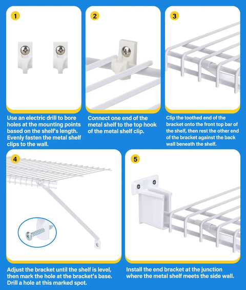 Six Pack White Wire Shelf Brackets For Twelve Inch Closets With Heavy Duty Anchors Screws And Clips installation guide steps.