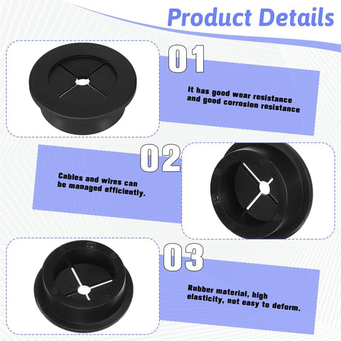 Image showing Two Pack 1 1/4 Inch Black Rubber Cable Grommets for Desks, flexible wire hole covers with multiple angles.