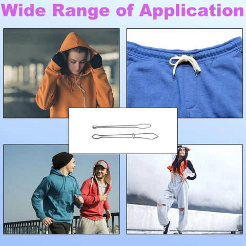 4 Pack Metal Drawstring Threaders For Easy Quick Insertion In Sweatpants, Hoodies, And Swim Trunks shown in different uses