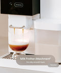 Next Level Super Automatic Espresso Machine Delivering One Hundred Thousand Custom Drink Combos And Creamy Milk Froth For That Straight Fire Daily Grind Routine In Classic Black pouring espresso into a glass.