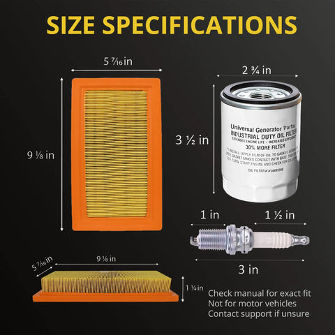 Replacement Generator Maintenance Kit For 20kW And 26kW SM 999 Generators With air filter, oil filter, and spark plug sizes