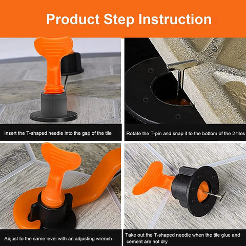 Product step instructions for Tile Leveling System Kit For Walls And Floors With 1000 Spacers And 200 Reusable Pins