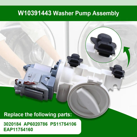 Washer Drain Pump Replacement Kit For Whirlpool Maytag Amana Washers W10391443 Replaces 3020184 AP6020786 PS11754106 EAP11754106 No Fuss Plug And Play Install Fits Models WFW70HEBW0 WFW80HEBC1 WFW80HEBW0 WFW8640BC0 WFW8640BC1 WFW8640BW0