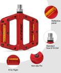 Night Ride Ready Platform Pedals With Reflective Strips Universal Nine Sixteen Inch Nylon Fiber MTB BMX Pedals Three Bearing Non Slip Lightweight Red Bike Pedals For All Terrain showing red pedal with reflective strips and 9/16 inch thread.