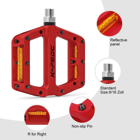 Night Ride Ready Platform Pedals With Reflective Strips Universal Nine Sixteen Inch Nylon Fiber MTB BMX Pedals Three Bearing Non Slip Lightweight Red Bike Pedals For All Terrain showing red pedal with reflective strips and 9/16 inch thread.