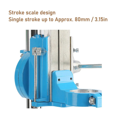 Rock Solid Cast Aluminum Bench Drill Stand With 90 Degree Rotating Fixture, close-up of stroke scale design, blue fixture