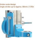 Close-up view of HaloVerde Mini Drill Press Stand showing stroke scale design and 80mm depth adjustment feature.