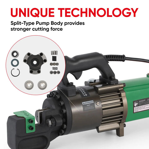 PEResQ 1 Inch Rebar Cutter Electric Hydraulic Steel Bar Shear 4 To 25Mm with visible split-type pump body for enhanced cutting force.