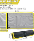 Drill Bit Organizer Roll Up Case With Zipper Heavy Duty Bit Holder, open and rolled, showing dimensions and elastic slots.