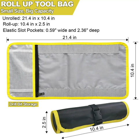 Drill Bit Organizer Roll Up Case With Zipper Heavy Duty Bit Holder, open and rolled, showing dimensions and elastic slots.