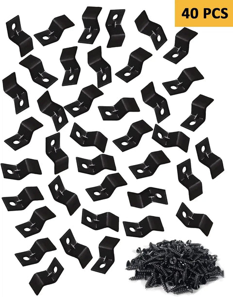 Hella Sturdy Zinc Plated Table Top Fasteners And Z Clips Black 40 Pack showing clips and screws for woodworking projects.