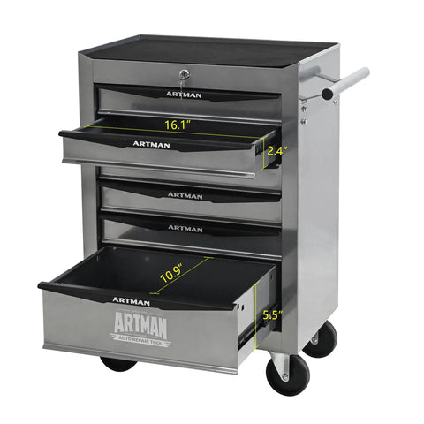 Hella Durable Lockable Tool Storage Cabinet With Heavy Steel Countertop And Quick Slide Drawers A Knockout Rolling Garage Locker Featuring Secure Parking Brakes And A Clean Silver Look For Top Shelf Workshops with open drawers showing size measurements.