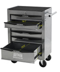 Industrial Grade Rolling Tool Storage Cabinet With Tough Steel Top And Glide Smooth Ball Bearing Slides Mobile Garage Chest With Brake Caster Wheels For Weekend Warriors And Daily Shop Grind Projects Silver, featuring multiple drawers and a polished top.