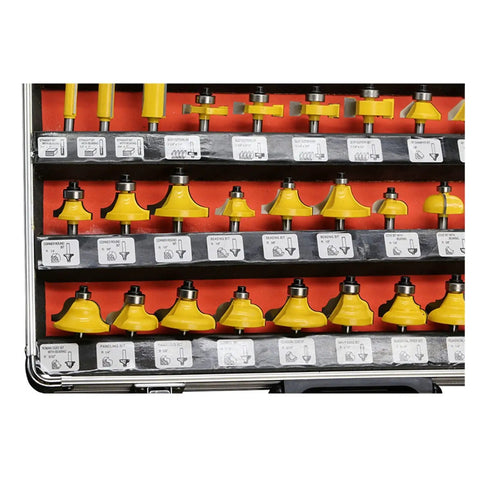 Heavy Duty Fifty Piece Wood Router Bit Set With Quarter Inch Carbide Shank For Flush Trimming Face Milling And Slot Cutting Built To Hog Down Plywood And Laminate Like A Boss In Your Shop, showing various router bits in case.