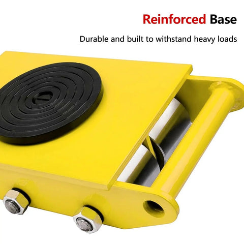 Close-up of Heavy Duty Machinery Moving Skates With 17600 Lb Load Rating featuring reinforced yellow base and rubber grip.