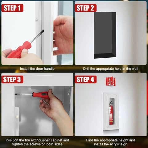 Installation guide for Recessed Fire Extinguisher Wall Cabinet in Galvanized Steel for 10 lb Extinguishers with magnetic door.