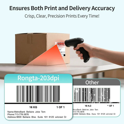 Person scanning a shipping label on a package with a barcode scanner, emphasizing print accuracy and clarity for shipping.