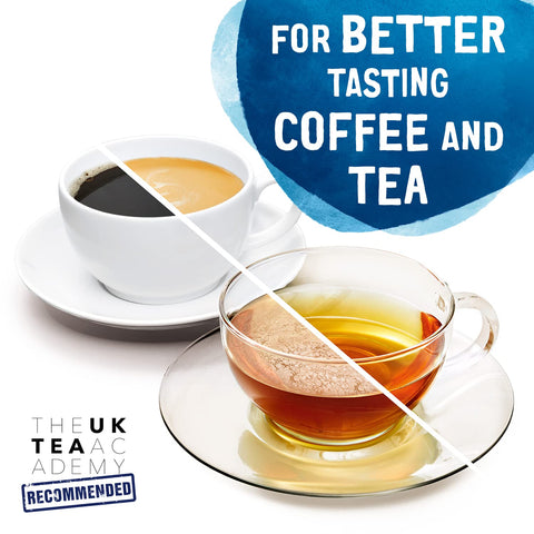 Coffee and tea cup with Maxtra Plus Replacement Water Filter Cartridges For All Jugs Including PerfectFit Aluna Marella text overlay.
