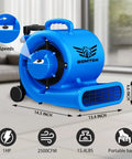Beast 5000 CFM 1HP Air Mover Blower in blue, showing 3 speeds, handle wheel kit, and dimensions, for floors and carpets.