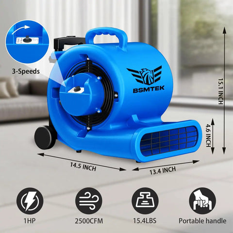 Beast 5000 CFM 1HP Air Mover Blower in blue, showing 3 speeds, handle wheel kit, and dimensions, for floors and carpets.