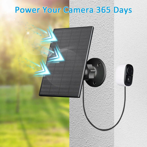 2 Pack Outdoor Solar Panel For Security Cameras With USB And USB C Charger IP65 Waterproof 360 Degree Adjustable Mount in use