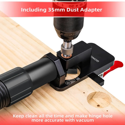Compact Metal Concealed Hinge Jig With Quick Clamp For 35mm Cabinet Hinges, shown with dust adapter and drill in use