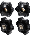 Four Pack M6 Six Star Knobs, Solid Black Nylon Screw On Through Threaded Clamps, Smooth Twist Hand Tightening Hardware.