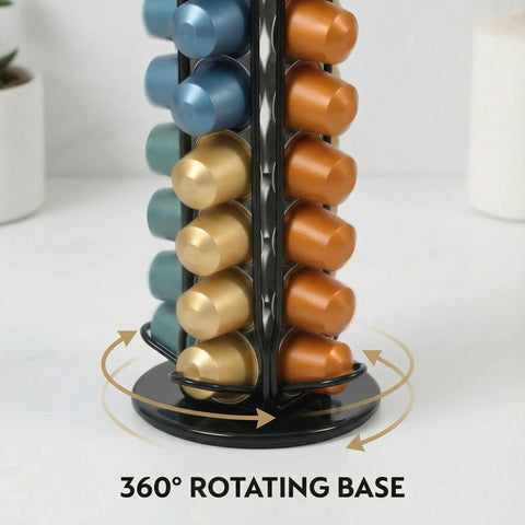 Rotating Nespresso OriginalLine Pod Holder Carousel For Countertop, 40 Pod Capacity, showing 360° rotating base design