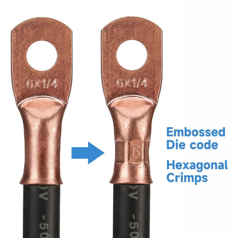 Copper lugs with embossed die code and hexagonal crimps for Pro Grade Battery Cable Terminal Crimping Tool Kit With Cutter And Wire Stripper All-In-One Crimper For 8, 6, 4, 2, 1, And One Zero AWG Lugs Copper Lug Crimping Rotary Die Automotive Electrical Repair Essential.