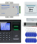 No Sweat Fingerprint Time Attendance System Bundled With Rock Solid 400lb Magnetic Lock Entry Kit components including control box and push switch.