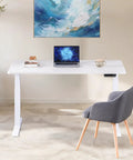 Fromann Dual Motor Standing Desk Frame With 3 Tier Legs Electric Height Adjustable Base For Home And Office White, modern design with laptop.