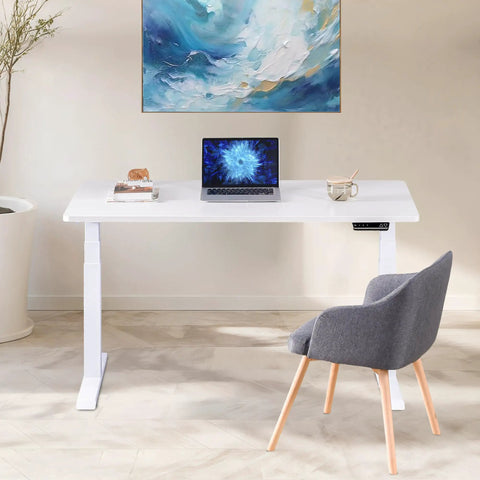 Fromann Dual Motor Standing Desk Frame With 3 Tier Legs Electric Height Adjustable Base For Home And Office White, modern design with laptop.