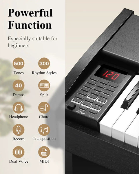 61 Key Starter Keyboard Piano With Classic Wooden Frame Electric Digital Piano close-up of controls showing 500 tones, 300 rhythms.