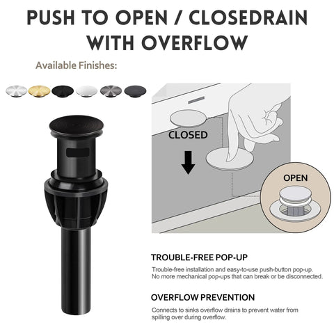 Push-to-open pop-up drain stopper for oil rubbed bronze stainless steel bathroom faucet with overflow prevention.